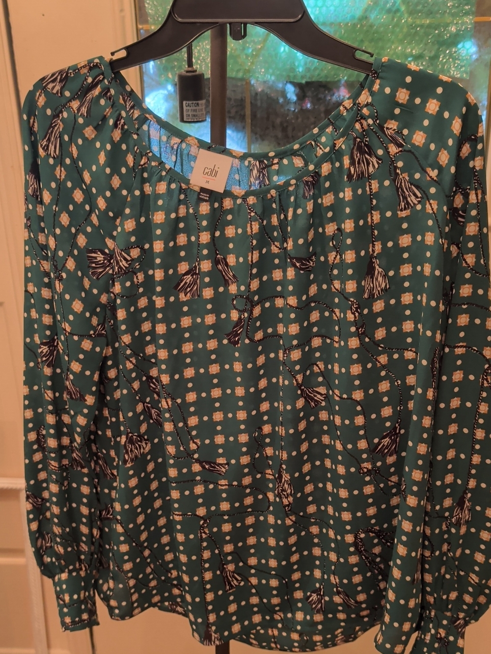 CAbi Teal Tassel & Dot Print Peasant Top